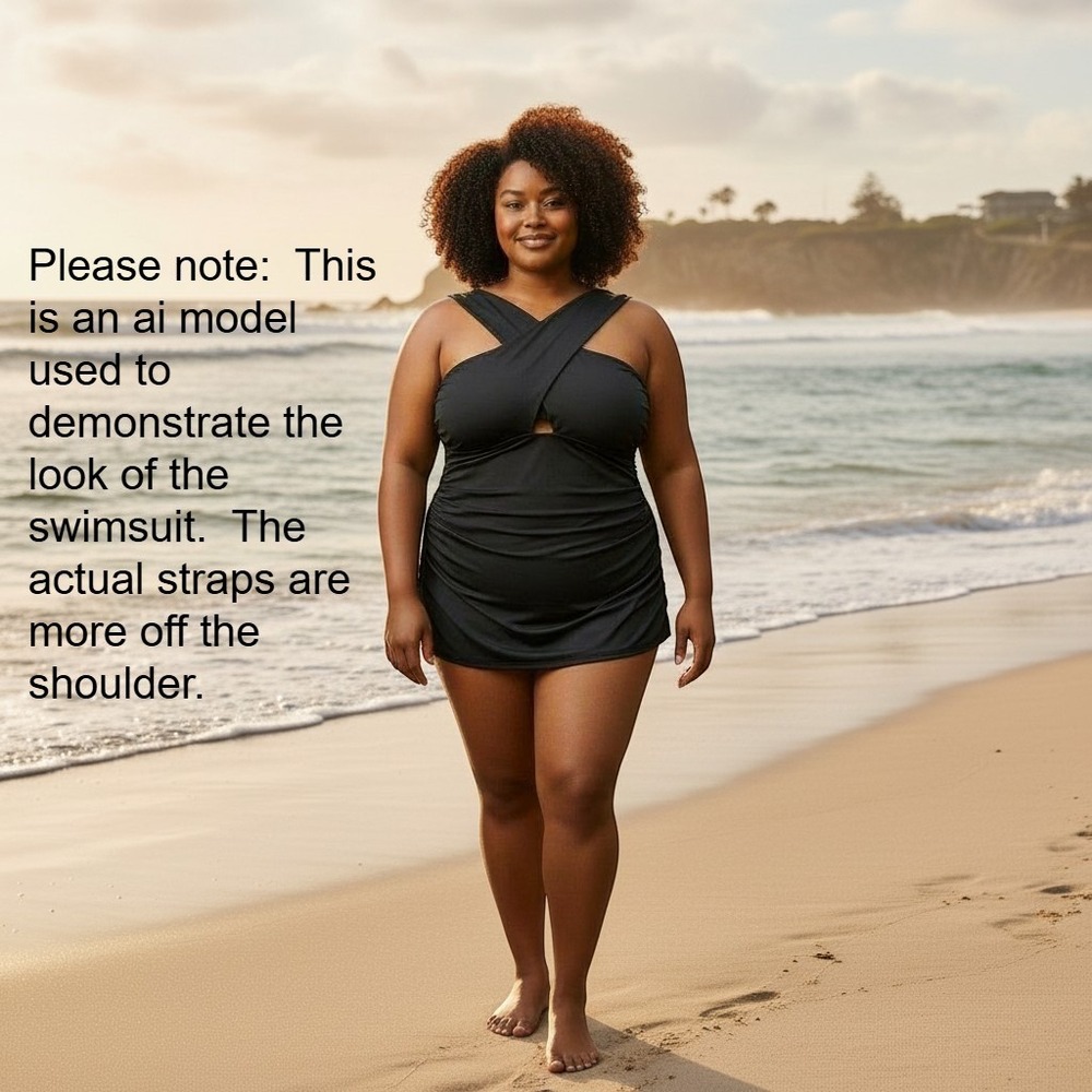Swim by‎ Cacique Black Cross Front Halter Tankini Top Ruched Plus Size 20 527556